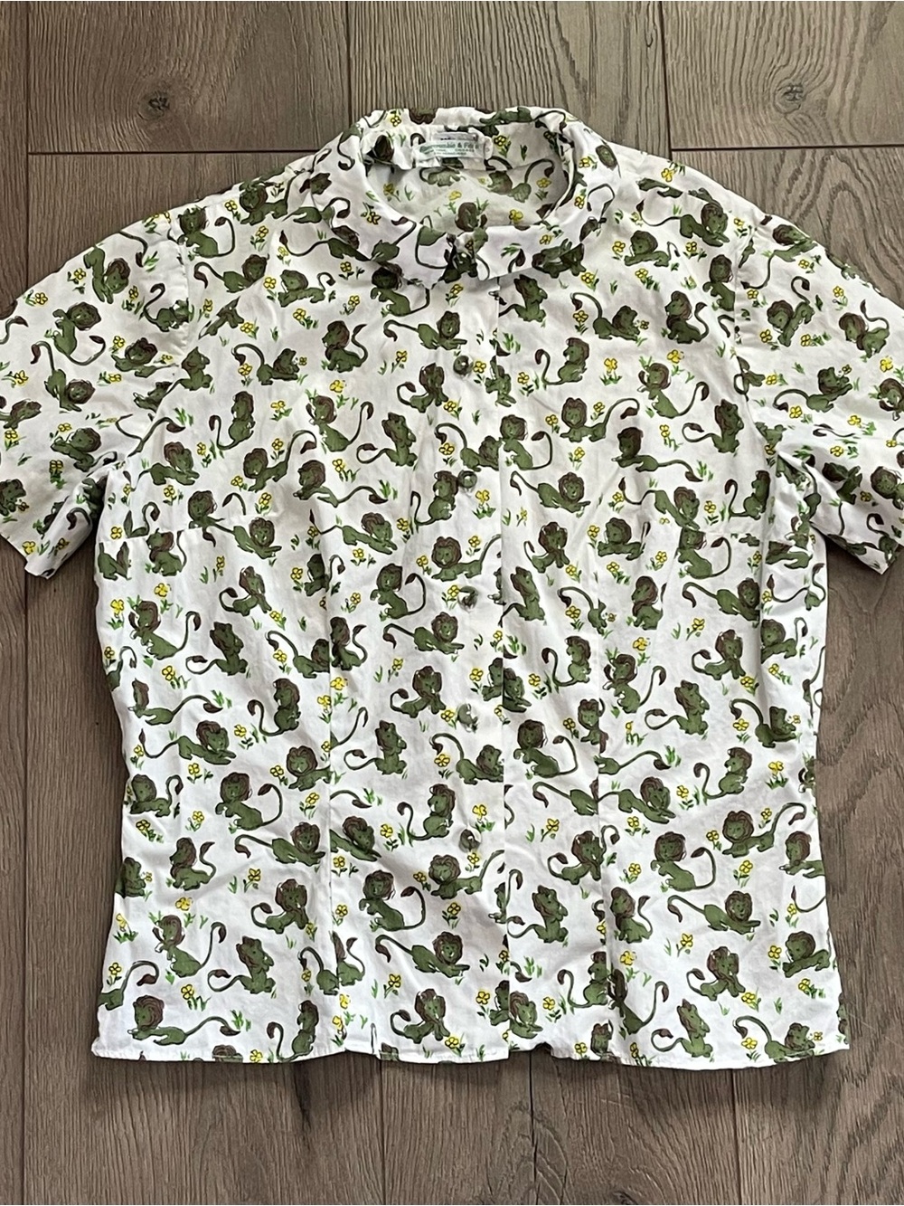 Vintage McMullen Glens Falls NY Green Lion Print Women’s Button Down Shirt